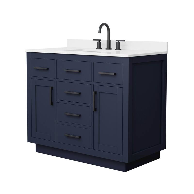 Beckett TK 42-inch Single Vanity, 3 Hole Quartz Top - Dark Blue, Black Trim, White Quartz Top