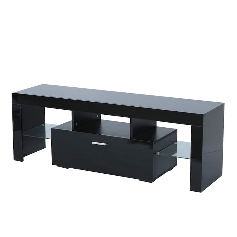 Black 51.18" TV Stand with LED Lights and Toughened Glass Shelf for TVs Up to 55"