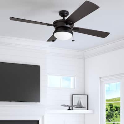 52" Prominence Home Auletta Matte Black Contemporary Indoor/Outdoor Ceiling Fan with Light, Pull Chain