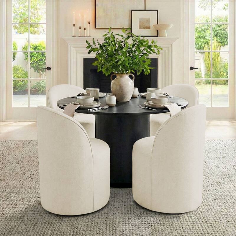 Upholstered Barrel Linen Dining Chair with Casters(Set of 4) - Set of 4 - Cream