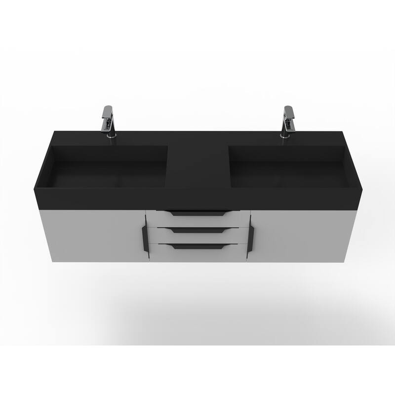 Amazon 60" Wall Mounted Bathroom Vanity Set w/ Black Top