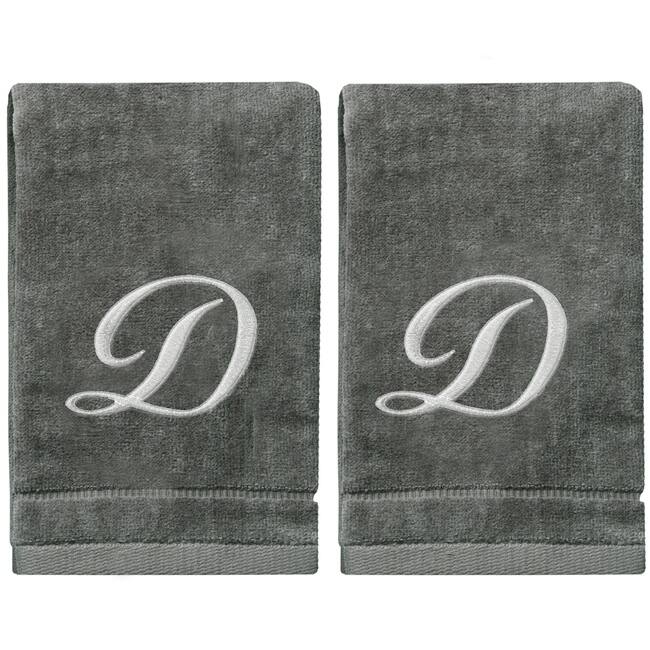 Soft Velour Silver Monogrammed Towels Fingertip - Set of 2 - D