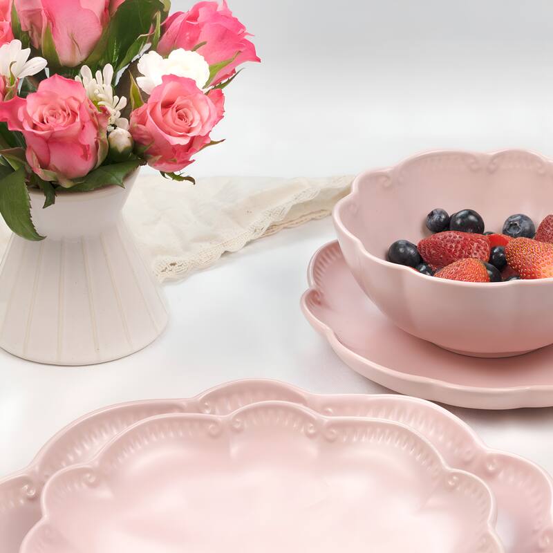 Sango Bethany 12-Piece Stoneware Dinnerware Set - Service for 4, Scalloped Plate & Bowl Set