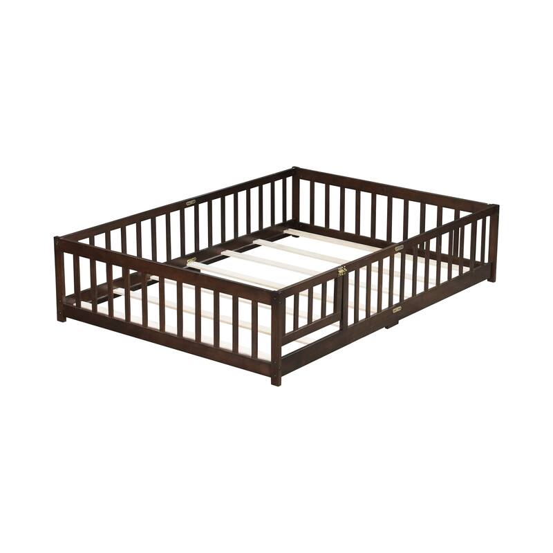 Full Size Floor Bed with Fence and Door, Rubber Wood Floor Bed with Safety Guardrails