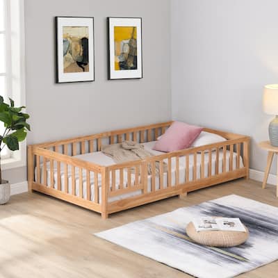 Pine Wood Floor Bed for Kids with Safety Guardrails and Removable Door