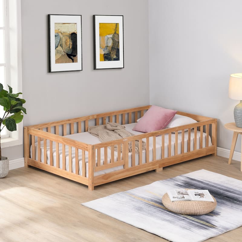 Solid Wood Platform Floor Bed with Safety Guardrails and Door for Children, Natural Pine Wood - Natural