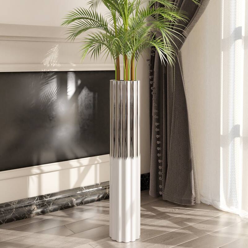 Arianna Modern Handmade Ceramic Tall Floor Vase - Chrome/White