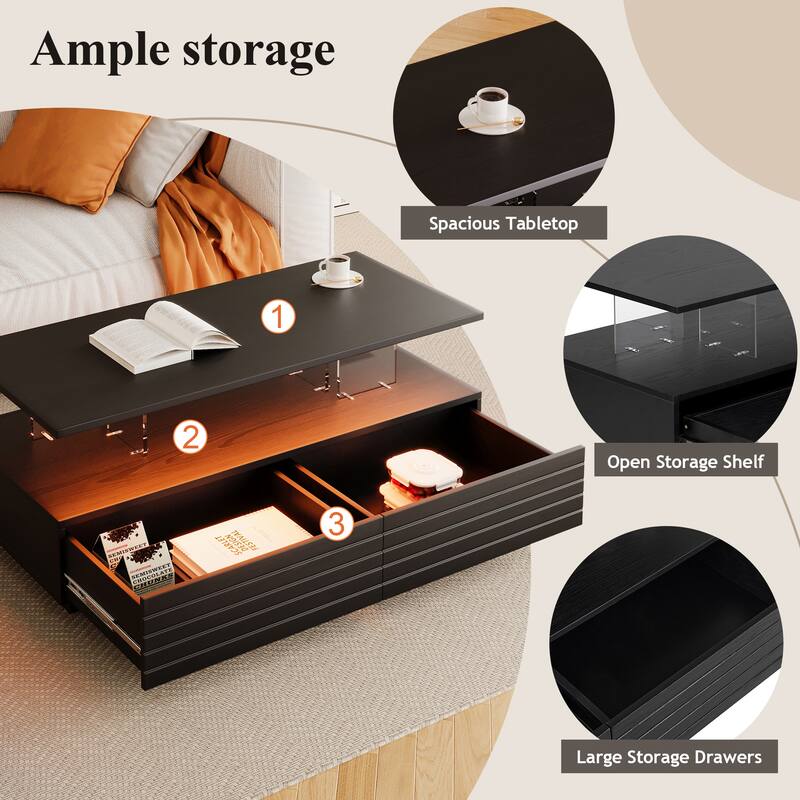 Modern White Rectangular LED Lights Coffee Table with 2 Drawers