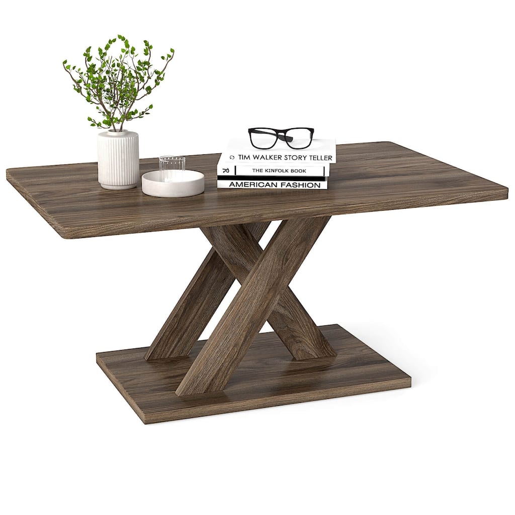 Costway 37.5” Coffee Table with Stable Base & Rubber Wood Connection - See Details