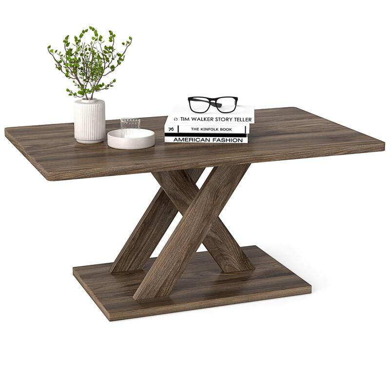 Costway 37.5” Coffee Table with Stable Base & Rubber Wood Connection - See Details - Rustic Brown - See Details