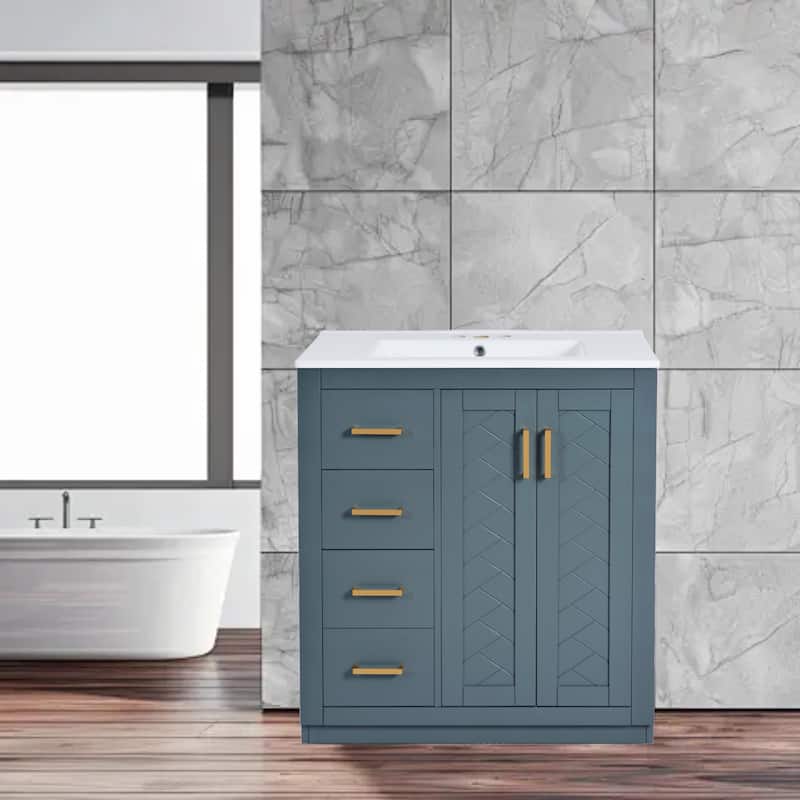 Modern 30" Bathroom Vanity with Ceramic Sink, 3 Drawers & Soft Closing Doors, Solid Wood Frame Cabinet - Blue