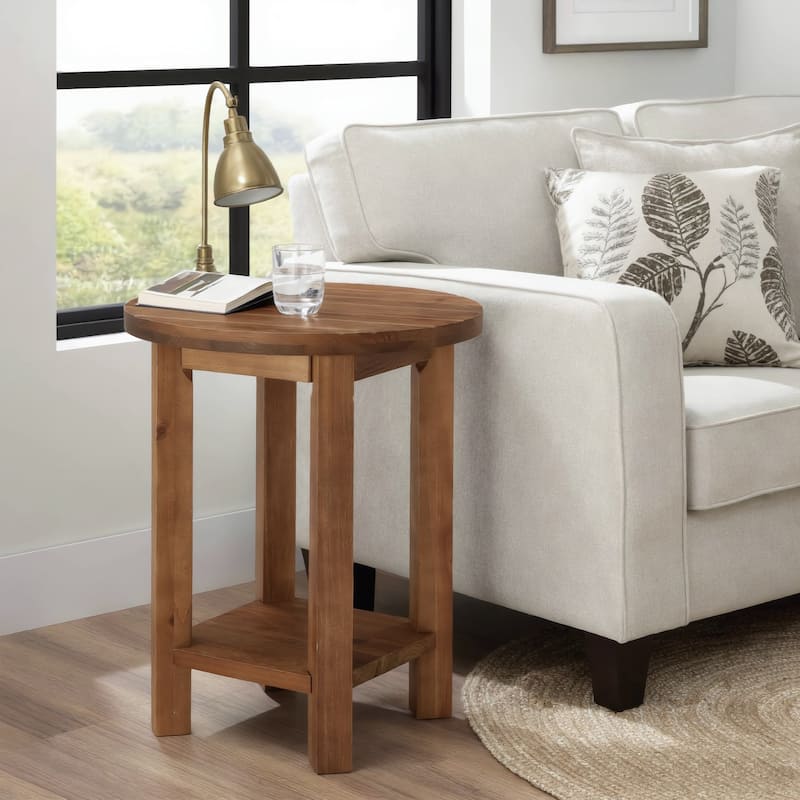 Solid Wood Round End Table with 2-Tier Storage Small Spaces