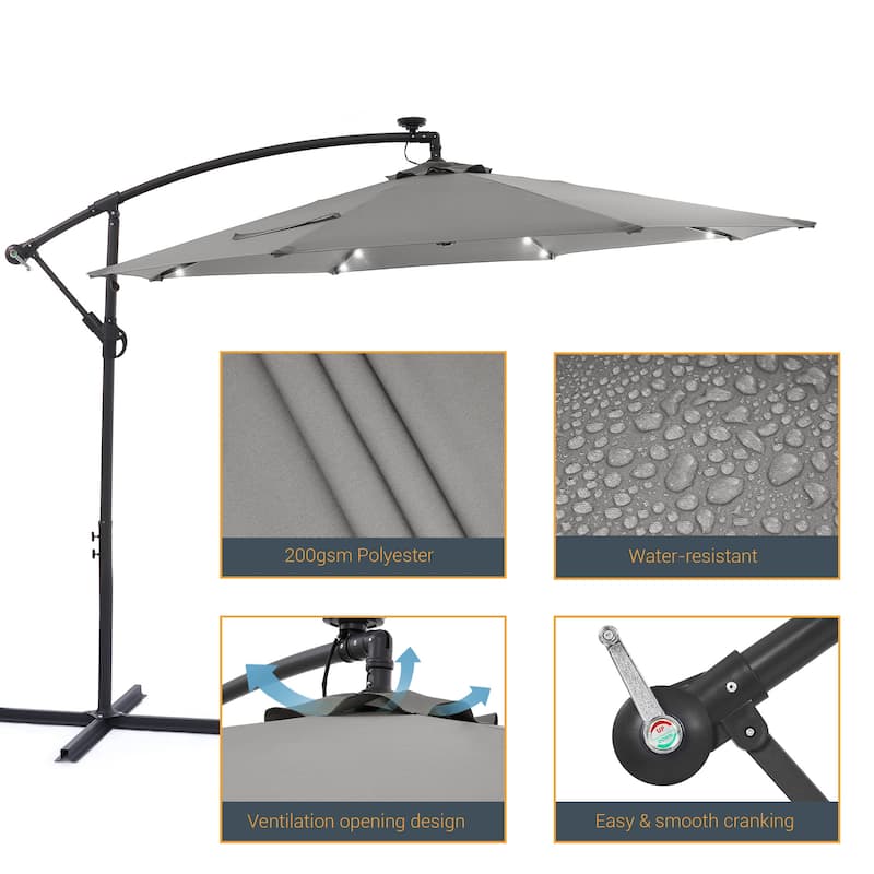 10Ft LED Patio Offset Umbrella Hanging Circle Umbrellas,w/Cross Base