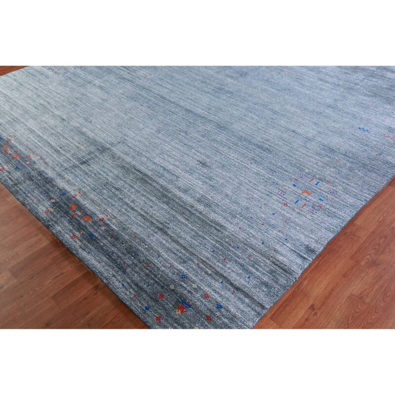 Hand Knotted Oriental Viscose Silk Carpet Tribal Stripe Navy Blue & Blues Gabbeh Area Rug - 11' 5'' X 8' 7''