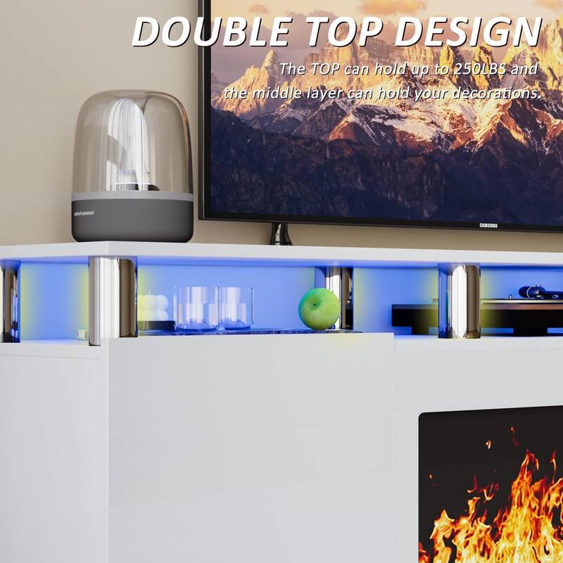BOSSIN 70" Modern Electric Fireplace TV Stand, with Electronic Flame and LED Lights, High Gloss Finish Entertainment Center
