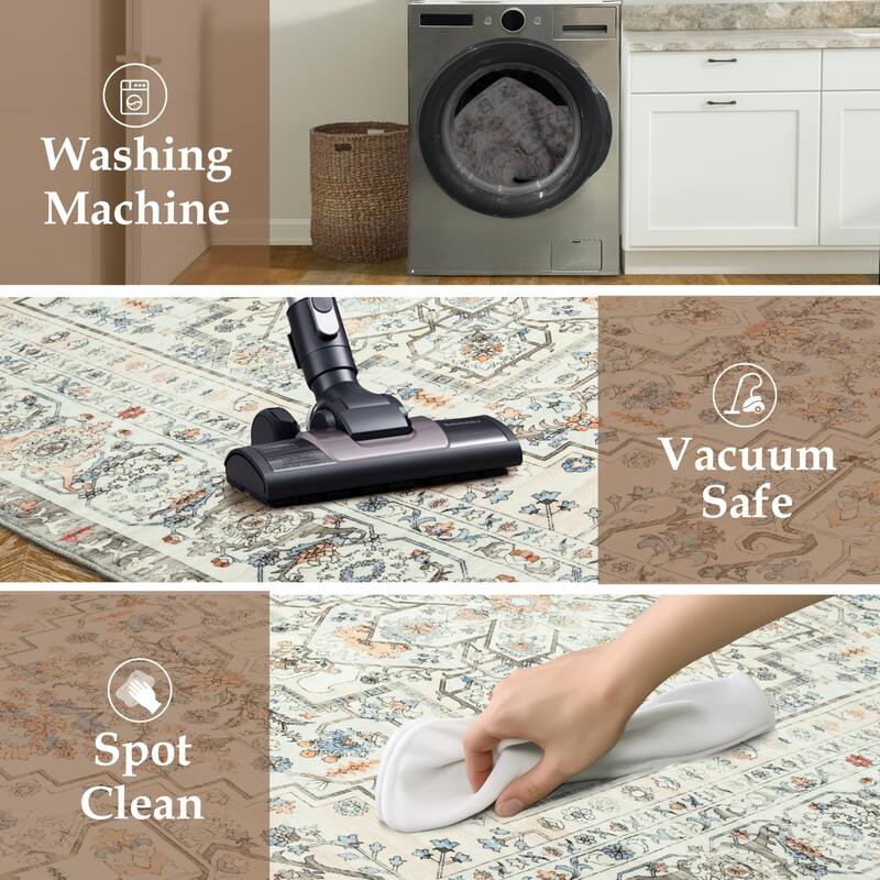 DriftAway Area Rug Washable Rugs for Living Room Non Slip Rubber Backing Low Pile Non Shedding Boho Foldable Vintage Rugs