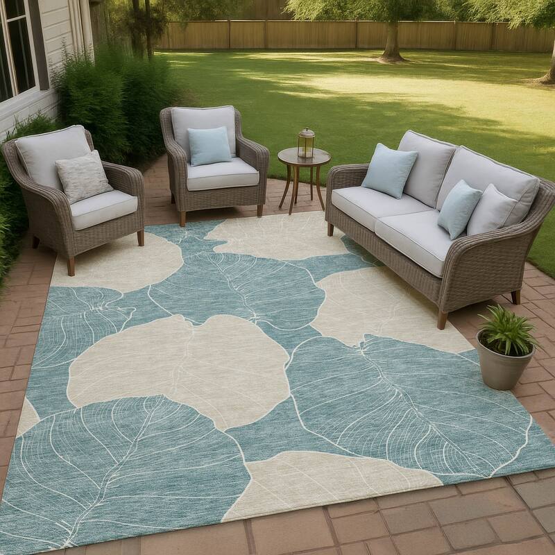 Machine Washable Indoor/ Outdoor Tropical Floral Chantille Rug - Teal - 2'6" x 3'10"