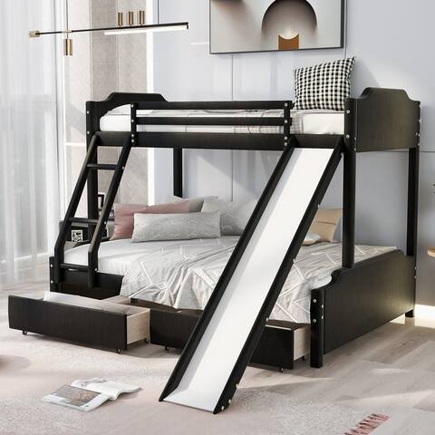 Twin over Full Size Upholstery Bunk Bed with Two Drawers and Slide, Convertible Slide and Ladder, Headboard and Footboard