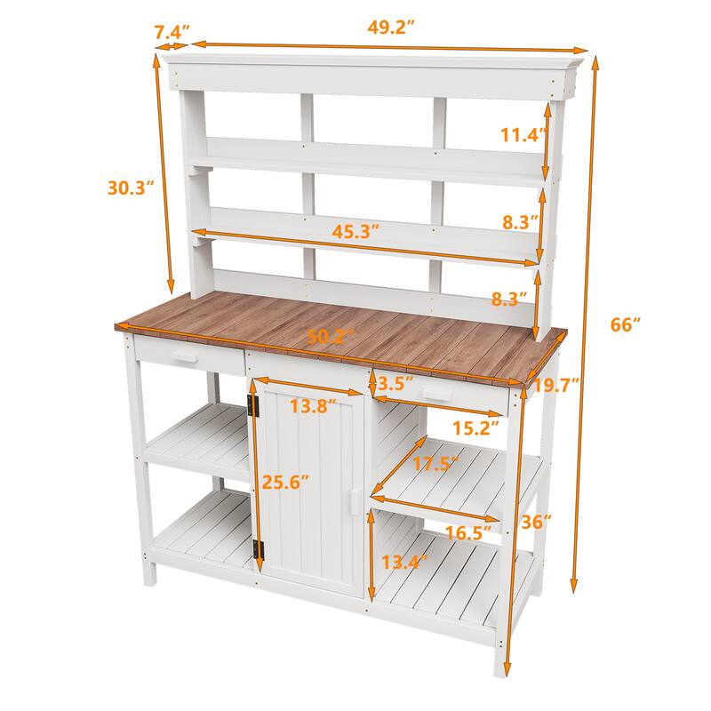 66" Large Outdoor Wooden Potting Bench Table with 2 Drawers, Cabinet and Open Shelves