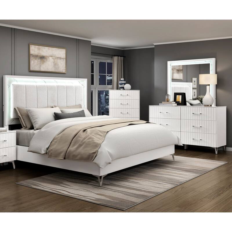4pc White Bedroom Set LED Bed Dresser Mirror Chest Modern Furniture - California King