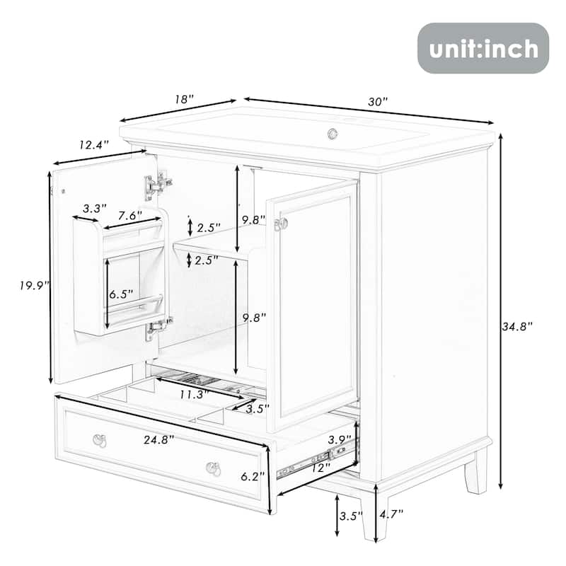 30" Bathroom Vanity with Sink Combo, Multi-functional Bathroom Cabinet with Doors and Drawer, Solid Frame and MDF Board