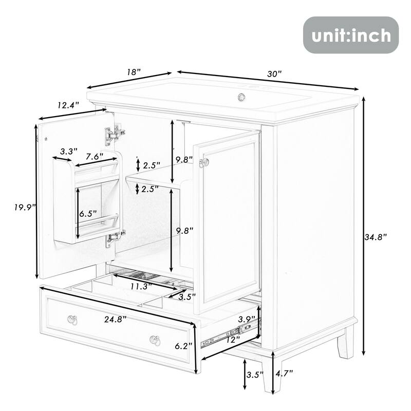 30" Bathroom Vanity without Sink, Base Only,Multi-functional Bathroom Cabinet with Doors and Drawer,Solid Frame and MDF Board