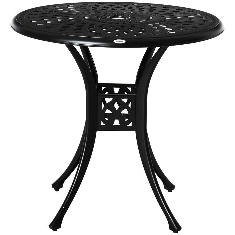 30" Round Patio Dining Table with Umbrella Hole, Antique Cast Aluminum Outdoor Bistro Table Only, Black