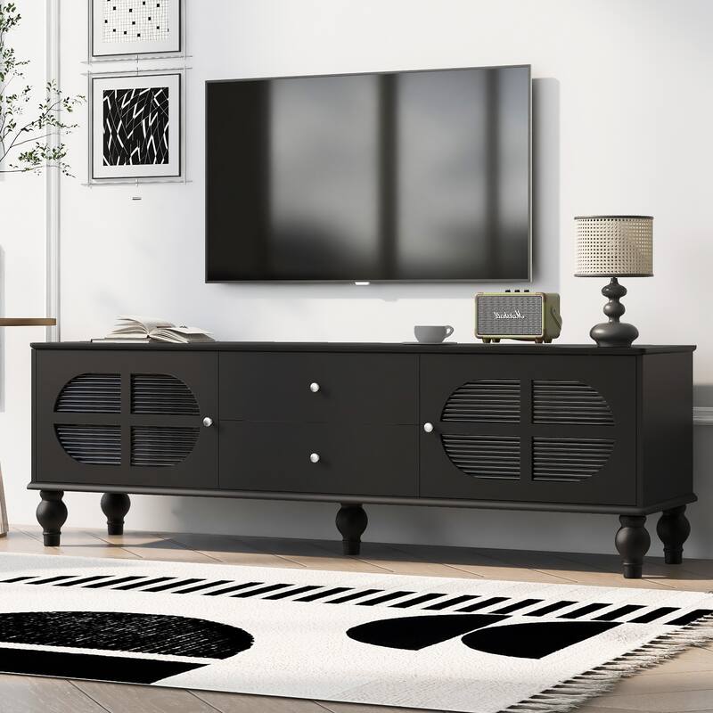 68.9" Rectangular Wooden TV Stand with Fluted Glass Doors, for TVs up to 75", Media Storage Console with 2 Drawers