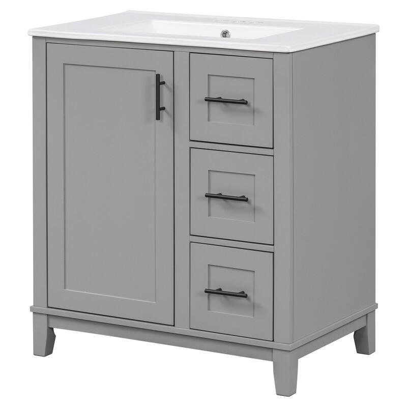 30'' Bathroom Vanity with Ceramic Sink, Freestanding Bathroom Vanity Cabinet with 3 Drawers, 1 Soft Close Door and Storage Rack