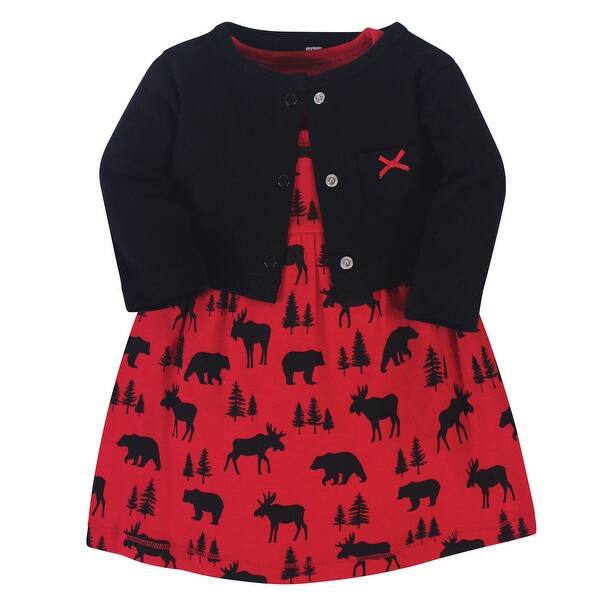 slide 1 of 1, Hudson Baby Infant and Baby Girl Cotton Dress and Cardigan 2pc Set, Red Moose Bear 0-3 Months - Red Moose Bear