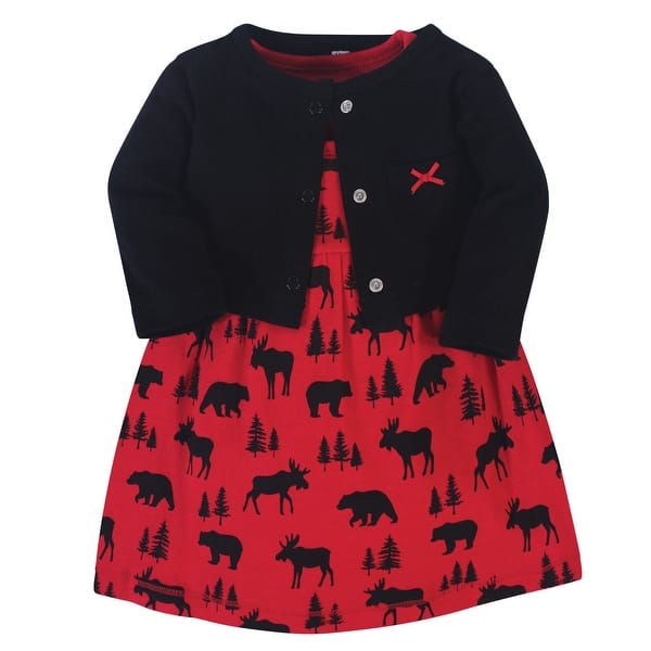 slide 1 of 1, Hudson Baby Toddler Girl Cotton Dress and Cardigan 2pc Set, Red Moose Bear 4T - Red Moose Bear