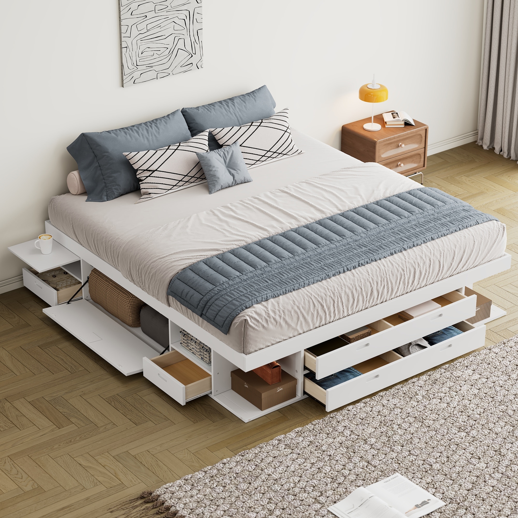 King Bed Frame Wood Platform Storage Bed with 6 Drawers \u0026 6 Storage  Shelves, No Fixed Headboard Bed Frame, Dual-Sided Storage, image size:2000x2000