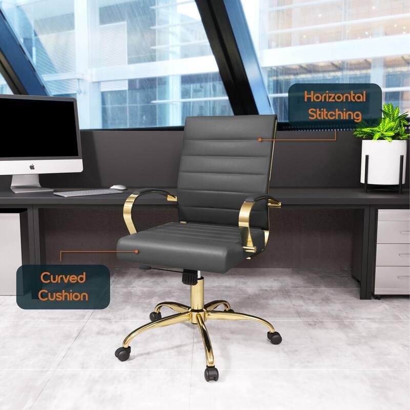 Benmar Mid-Back Leather Office Desk Chair in Gold Stainless Steel Frame Adjustable Height Tilt Lock 360 Swivel Ergonomic Chair