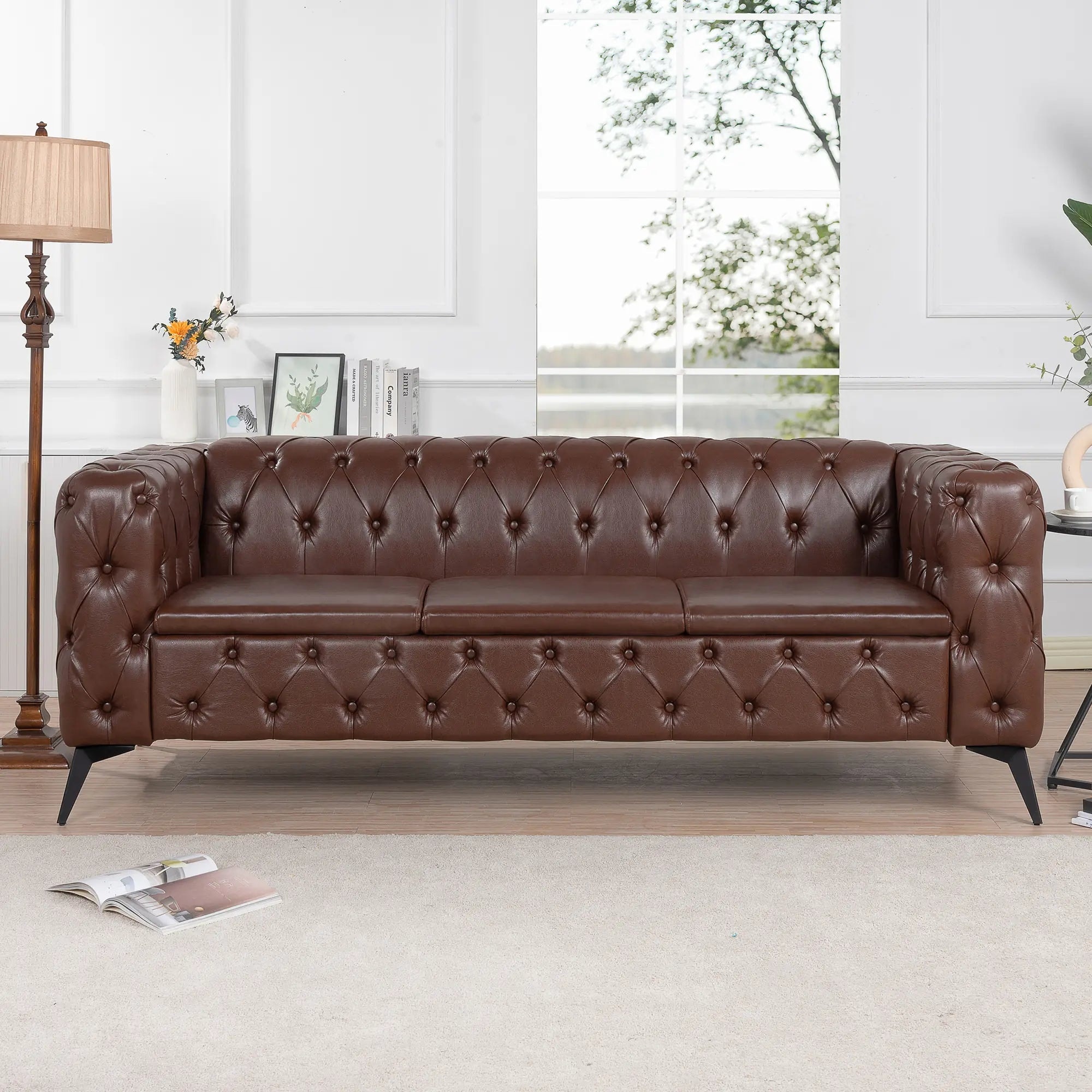 84 Traditional 3-Seater Sofa PU Leather with Square Arms Dark Brown
