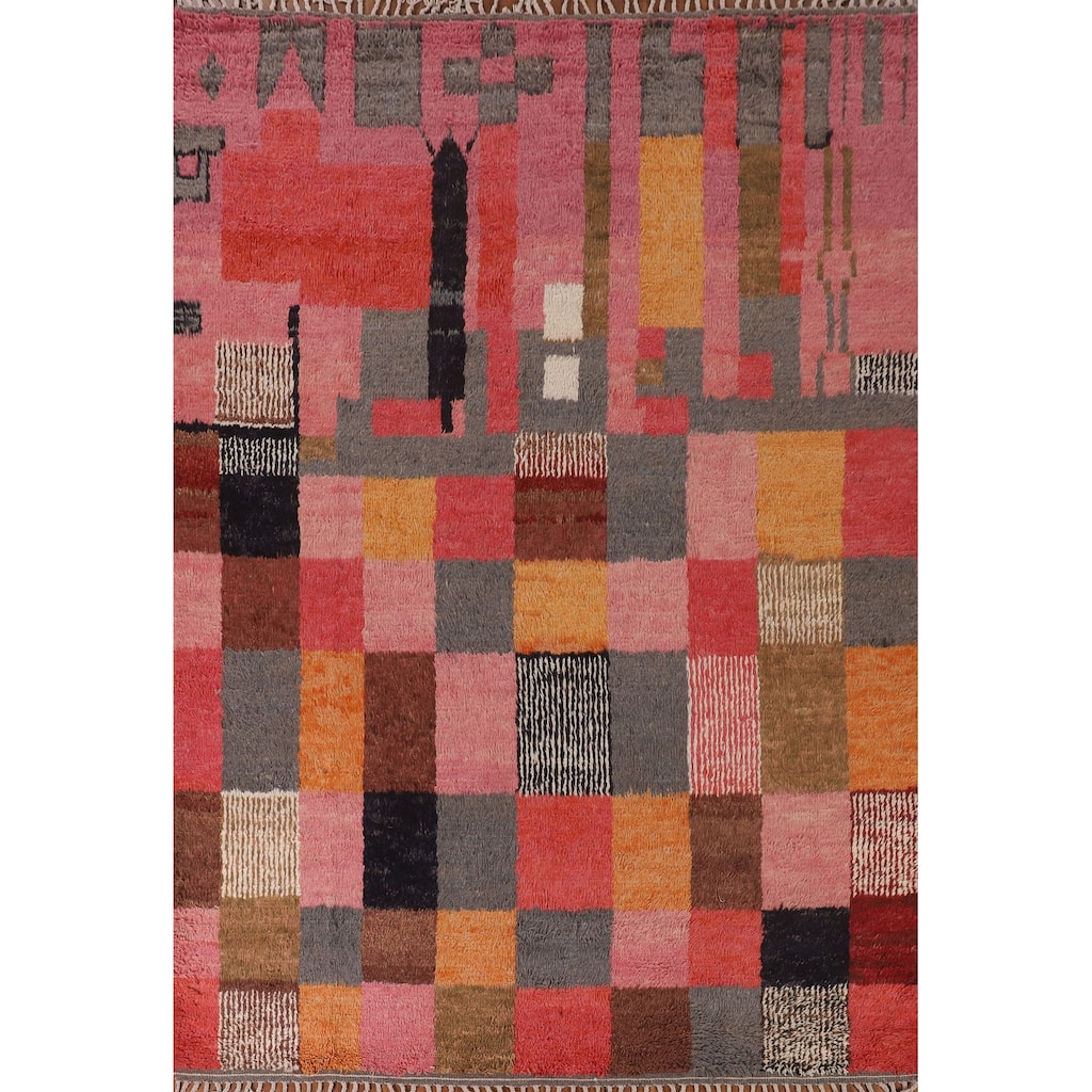 Checkered Moroccan Oriental Area Rug Hand-Knotted Wool Carpet - 7'11" x 10'0"