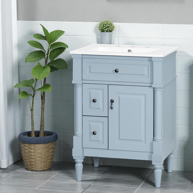 24" Freestanding Bathroom Vanity with Ceramic Sink, Solid Rubberwood Frame, Flip Drawer & Adjustable Shelf