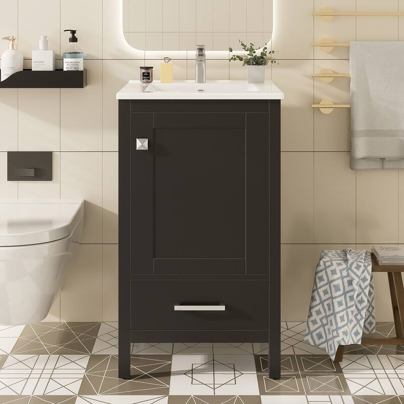 Roomfitters 20" Modern Bathroom Vanity with Ceramic Sink, Soft-Close Drawer and Door, Divider Drawer, Storage Rack - Black
