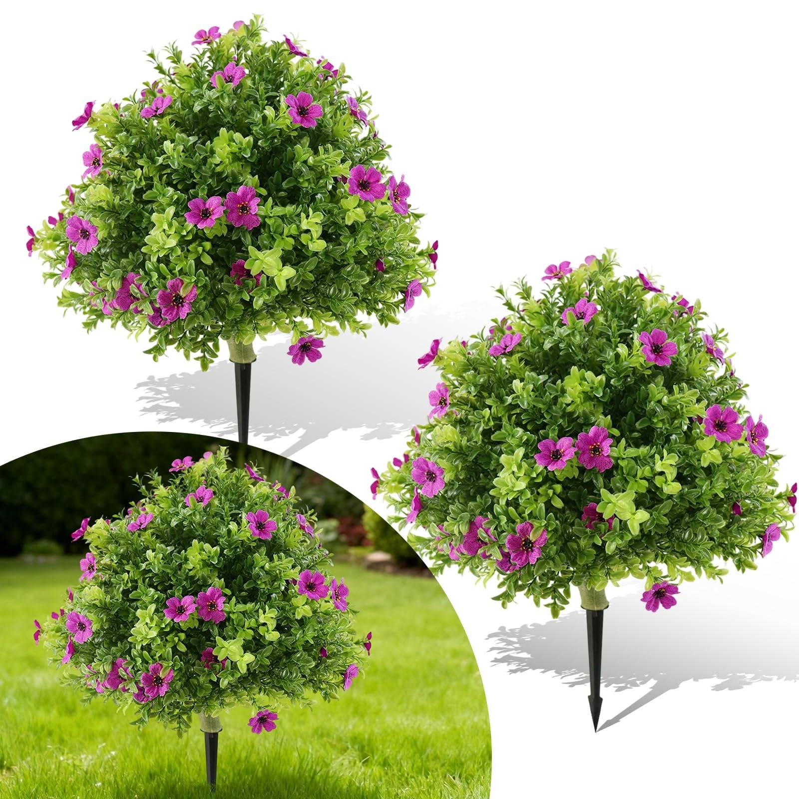 2Pcs 2FT Artificial Boxwood Topiary Ball Trees Set of 2 UV Resistant Fake Shrubs with Ground Spikes Fake Plants - 2 Ft