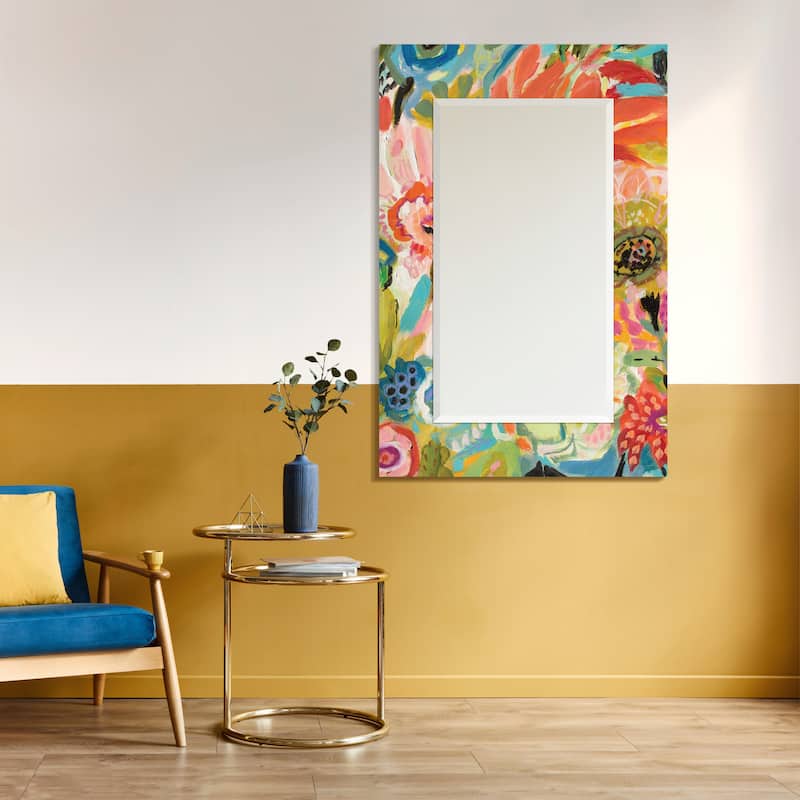 "Secret Garden Floral III" Rectangular Beveled Mirror on Free Floating Reverse Printed Tempered Art Glass - 48" x 32"