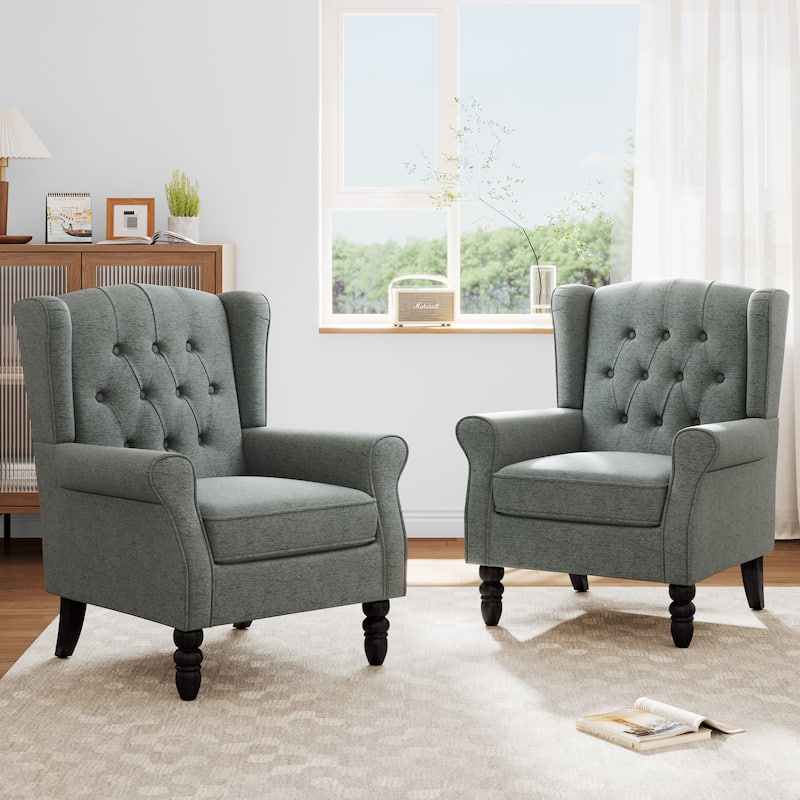 Modern Button Tufted Armchair Wingback Accent Chairs Set of 2 - Grey-Linen
