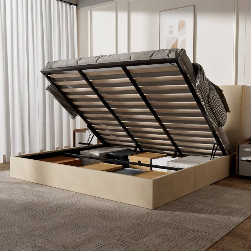 Modern Upholstered Lift-Up Storage Platform Bed with Headboard