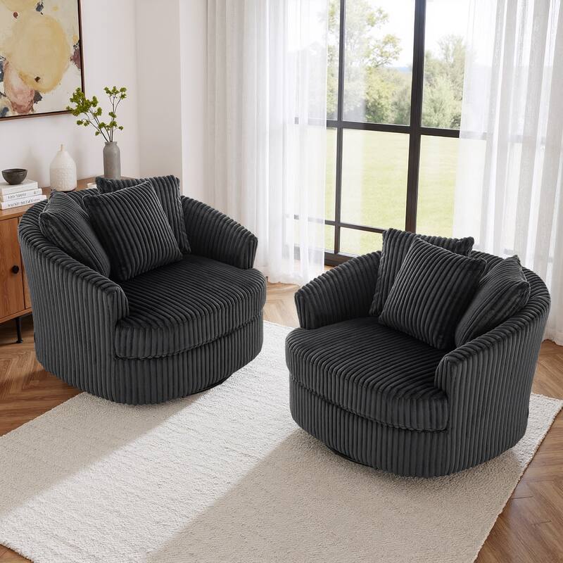 2 Set Oversized 43" W Plush Corduroy Swivel Barrel Chair with Pillows
