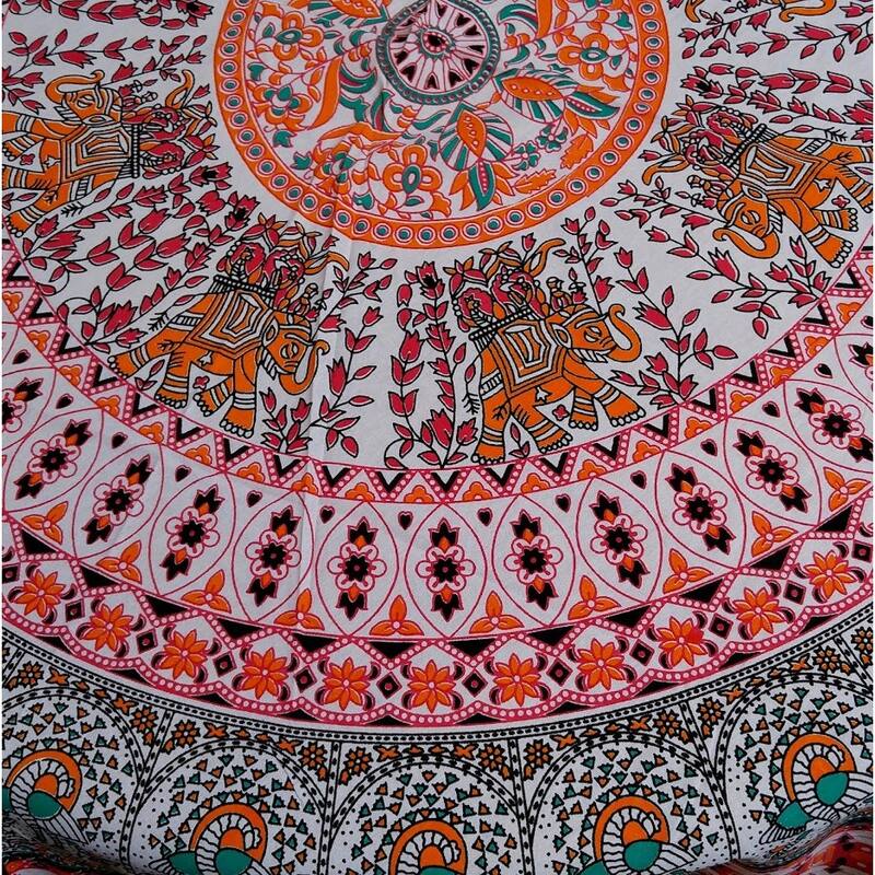 Mighty Elephant and Peacock Print Cotton Tablecloth Round