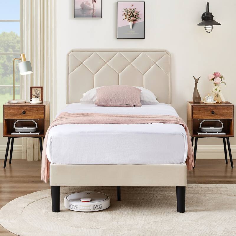 VECELO 3-Pieces Upholstered Platform Bed Frame with Adjustable Headboard and Nightstands Set of 2, Beige