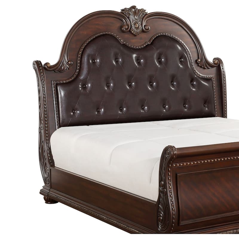 Traditional Dark Cherry Finish Finish Luxury Sleigh Bed Upholstered Headboard 1pc