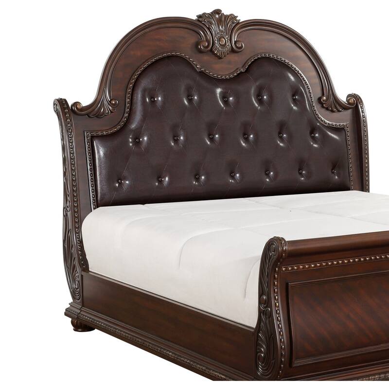 Traditional Design 3-Piece Bedroom Set Formal Tufted Bed Dresser Mirror Dark Cherry Finish