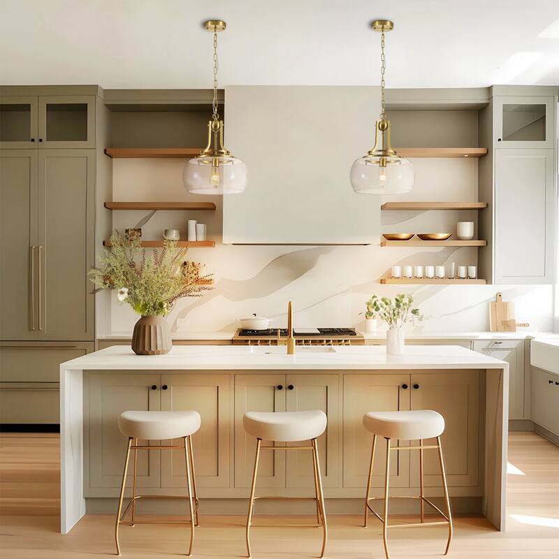 13.8" W Mid-Century Modern Rustic Gold Dome Design Ceiling Pendant with Clear Glass Shade for Dining Room, Kitchen Island, Foyer