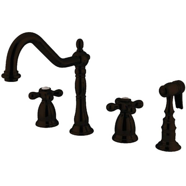slide 1 of 1, Kingston Brass Heritage Deck Mount Widespread Kitchen Faucet with Brass Sprayer Oil Rubbed Bronze