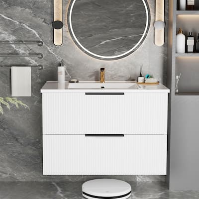 30 Inch Floating Bathroom Vanity with Ceramic Sink, Wall Mounted Fluted Cabinet with Drawers, Modern MDF Design