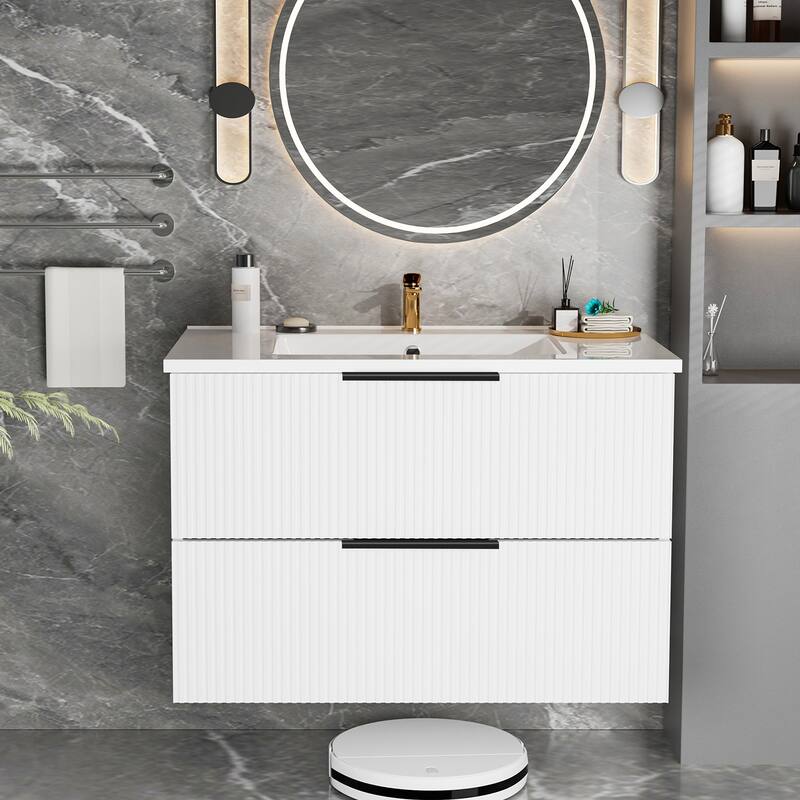 36" Floating Bathroom Vanity with Ceramic Sink - Wall Mounted Fluted Vanity Cabinet with Drawers, Modern Design